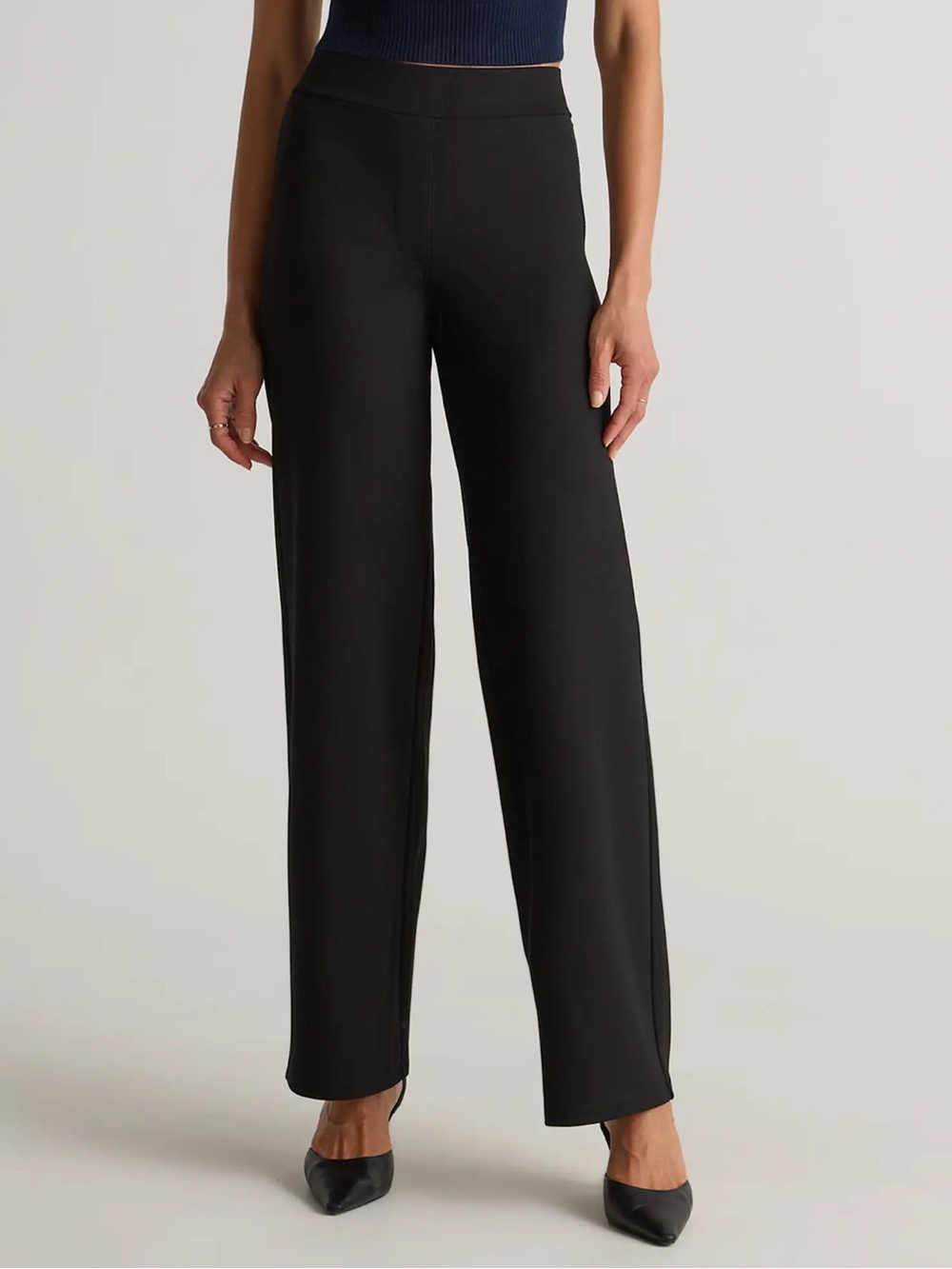 Quince Ultra Stretch Ponte Wide Leg Pants Black Women Large 30 Stretch Pull On